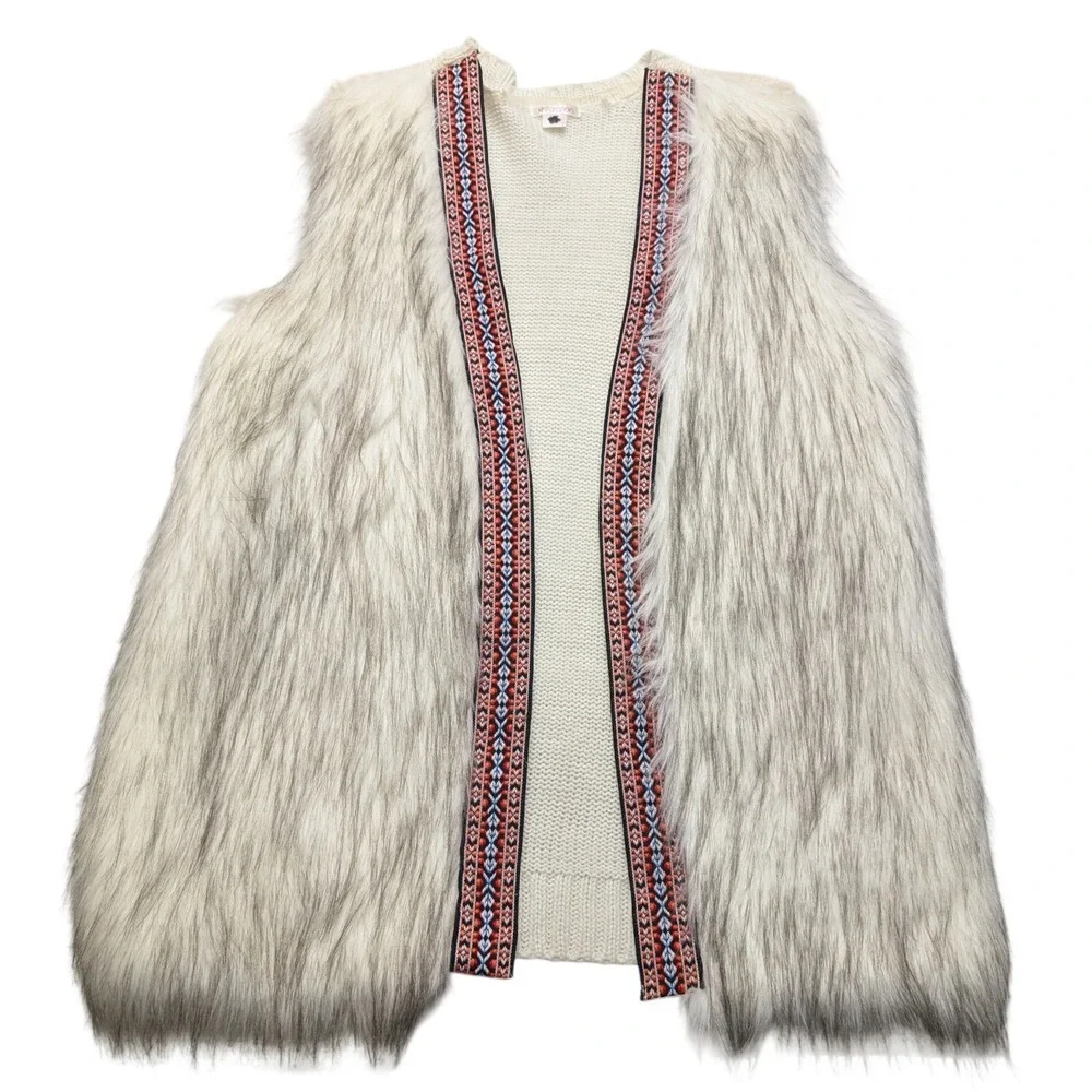 Xhilaration Faux Fur Knit Vest Womens Large Cream White Grey Boho Embroidered